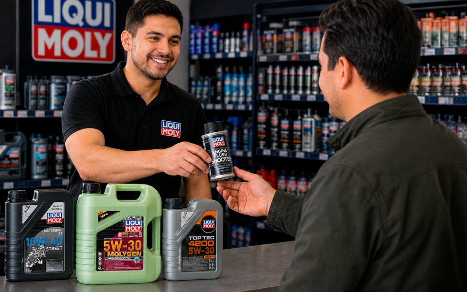 Cliente comprando lubricantes LIQUI-MOLY en el mostrador